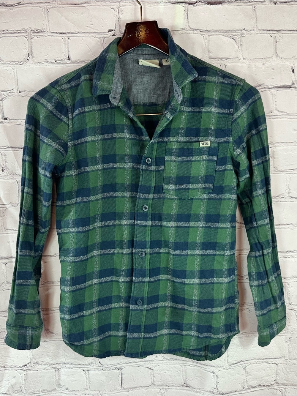 Vans Navy Plaid Long Sleeve cotton flannel Button up Shirt boys M skater winter